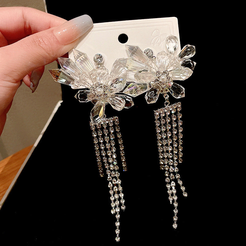 Diamond-Set Flower Drop Tassel Earrings with Silver Needle