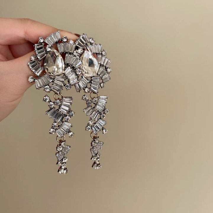 Diamond-Set Flower Drop Tassel Earrings with Silver Needle