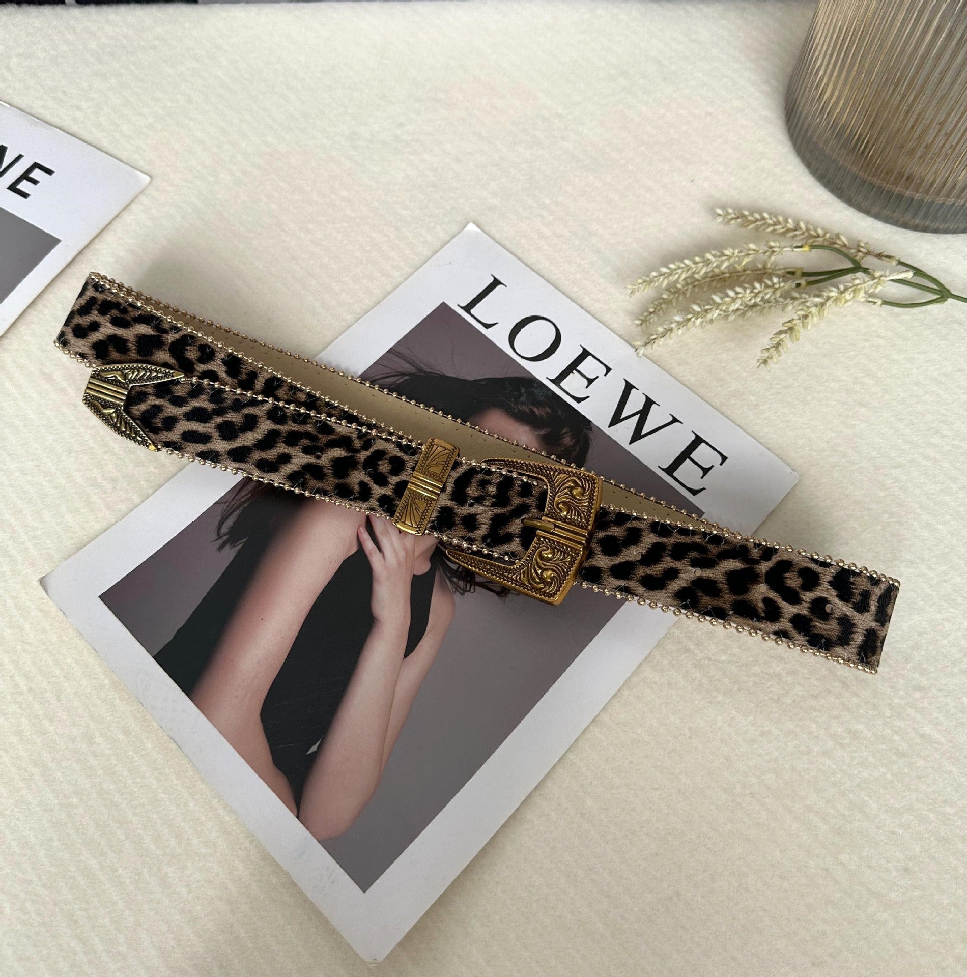 Leopard Jacquard PU Leather Belt with Alloy Pin Buckle