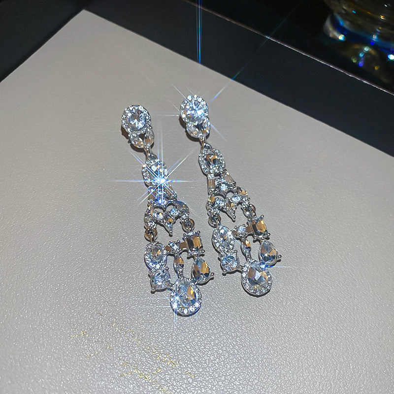 Diamond-Set Flower Drop Tassel Earrings with Silver Needle