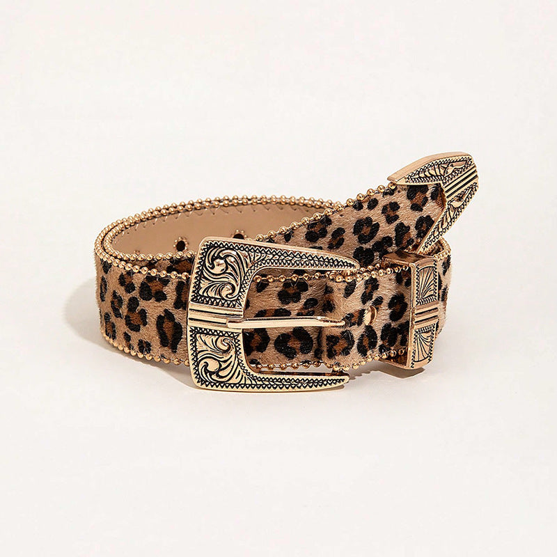 Leopard Jacquard PU Leather Belt with Alloy Pin Buckle