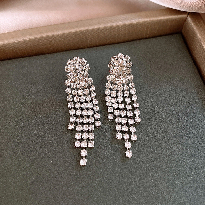 Diamond-Set Flower Drop Tassel Earrings with Silver Needle