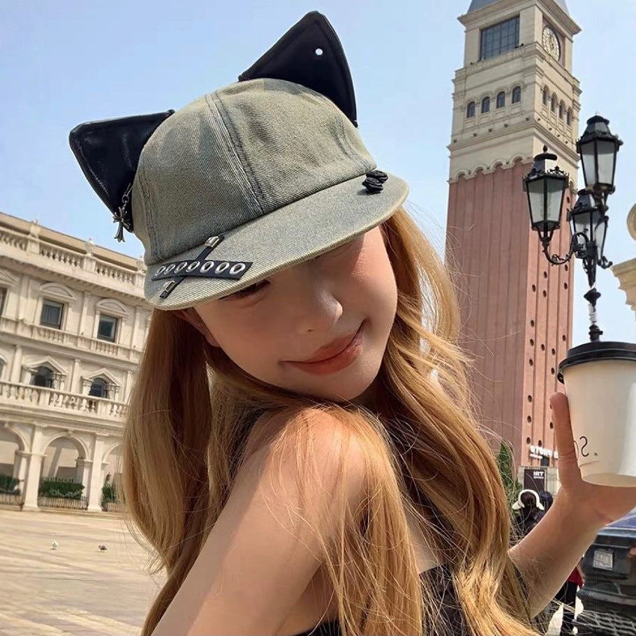 Y2K Retro Washed Denim Baseball Cap with Cat Ear Detail