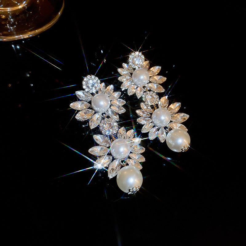 Diamond-Set Flower Drop Tassel Earrings with Silver Needle