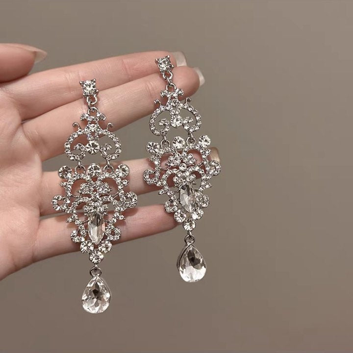 Diamond-Set Flower Drop Tassel Earrings with Silver Needle