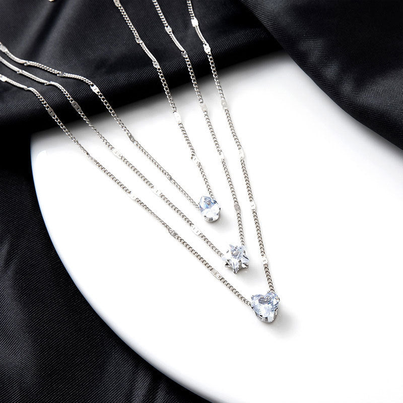 Triple-Layer Pendant Necklace with Zircon Accents and Extension Chain