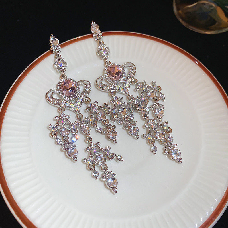 Diamond-Set Flower Drop Tassel Earrings with Silver Needle