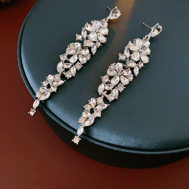 Diamond-Set Flower Drop Tassel Earrings with Silver Needle