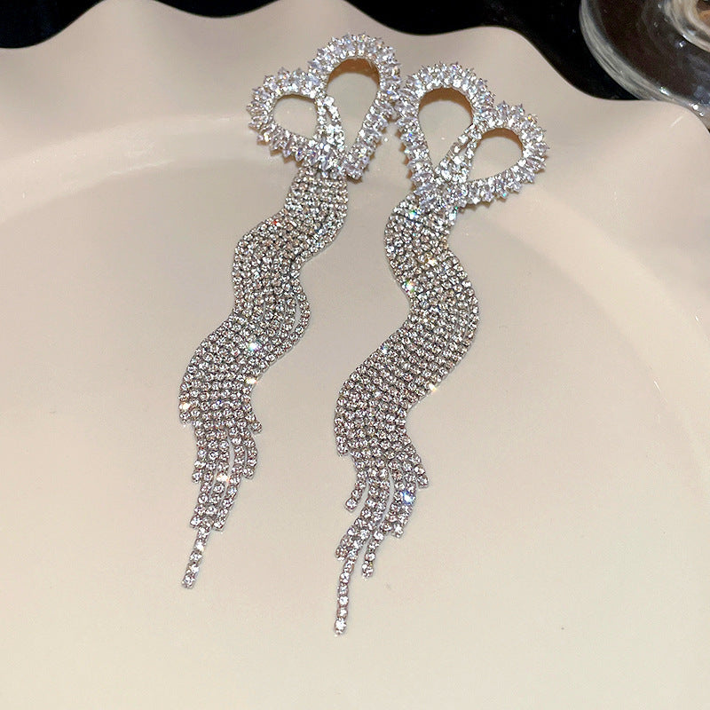 Diamond-Set Flower Drop Tassel Earrings with Silver Needle