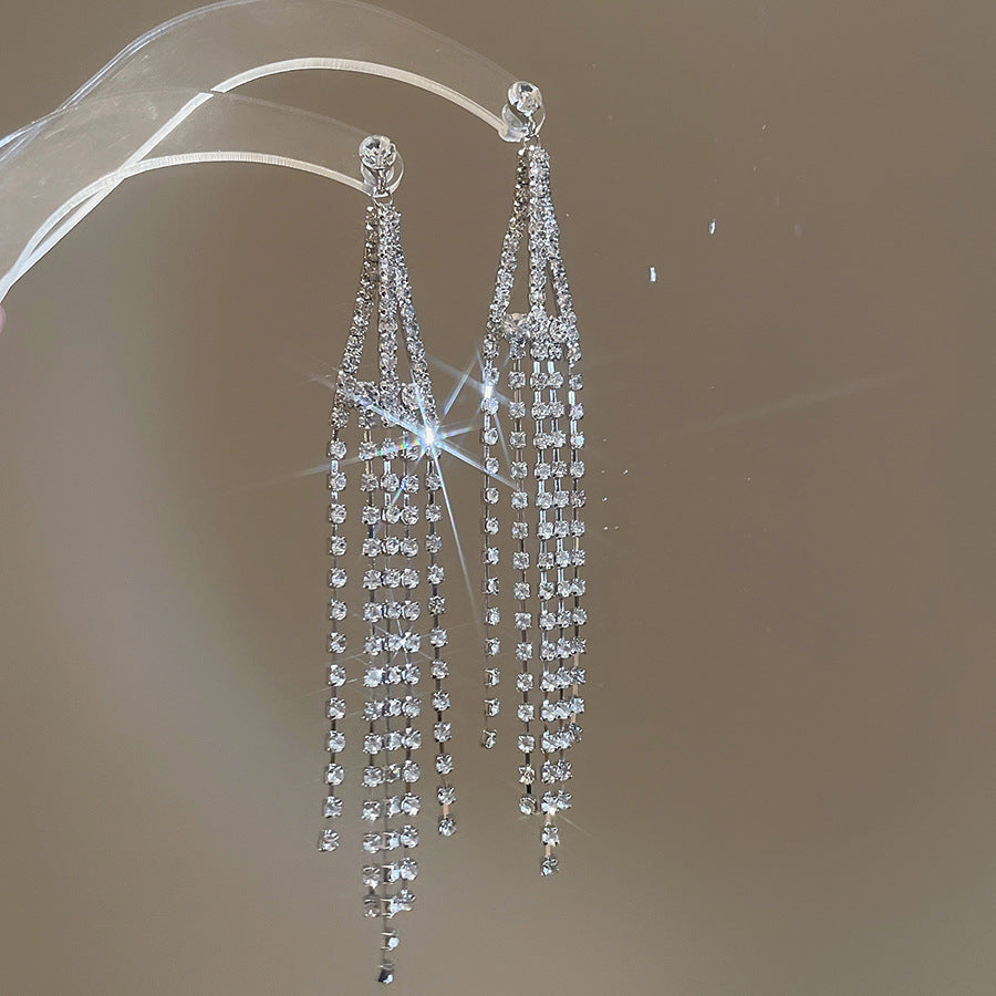 Diamond-Set Flower Drop Tassel Earrings with Silver Needle