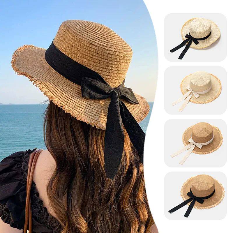 Korean-Inspired Wide-Brim Straw Hat with Bow Detail