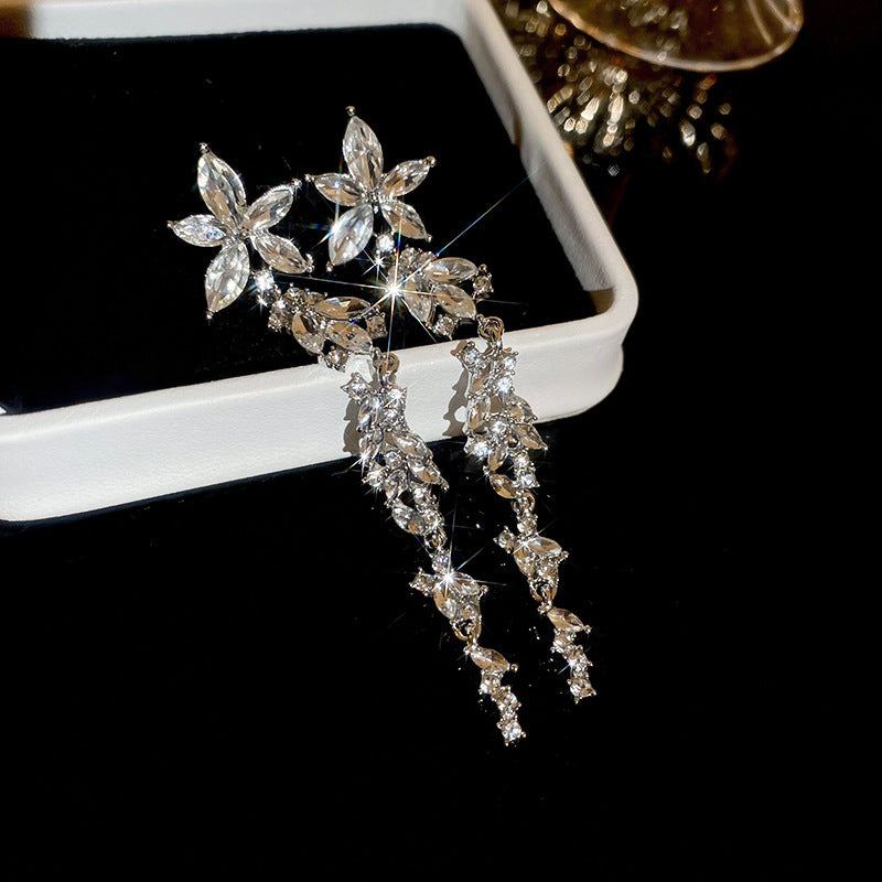 Diamond-Set Flower Drop Tassel Earrings with Silver Needle