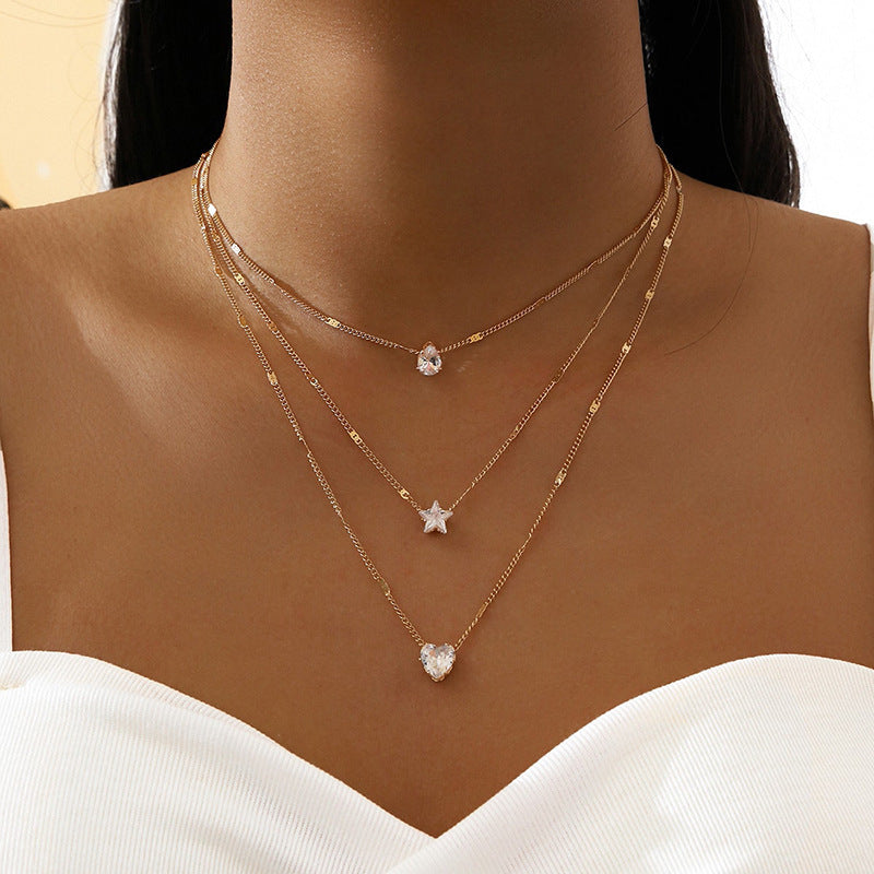 Triple-Layer Pendant Necklace with Zircon Accents and Extension Chain
