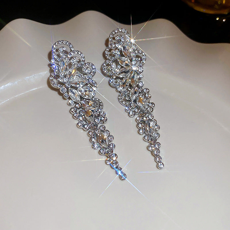 Diamond-Set Flower Drop Tassel Earrings with Silver Needle