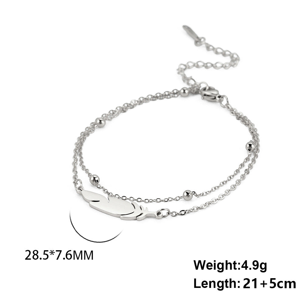 Feather Charm Double-Layer Stainless Steel Anklet with Lobster Clasp