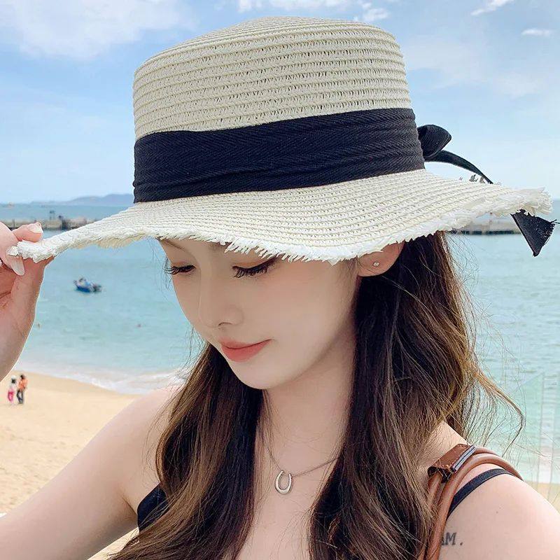 Korean-Inspired Wide-Brim Straw Hat with Bow Detail