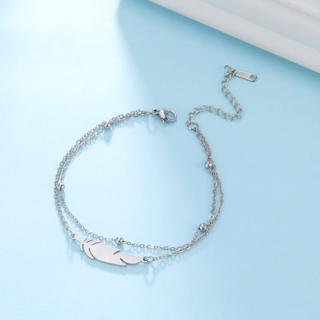 Feather Charm Double-Layer Stainless Steel Anklet with Lobster Clasp