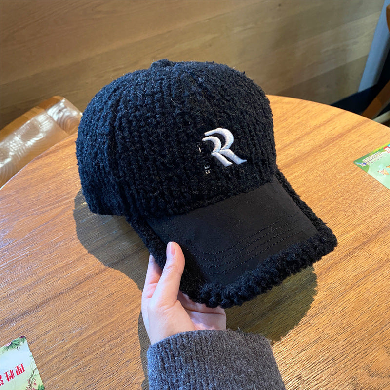 Lambswool Embroidered Winter Baseball Cap with Curved Brim