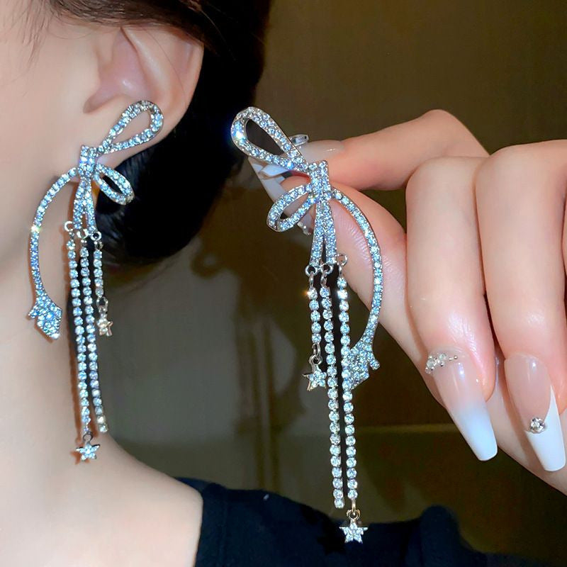 Diamond-Set Flower Drop Tassel Earrings with Silver Needle