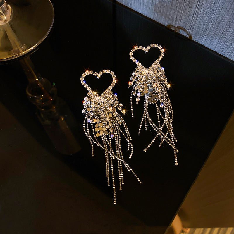 Diamond-Set Flower Drop Tassel Earrings with Silver Needle