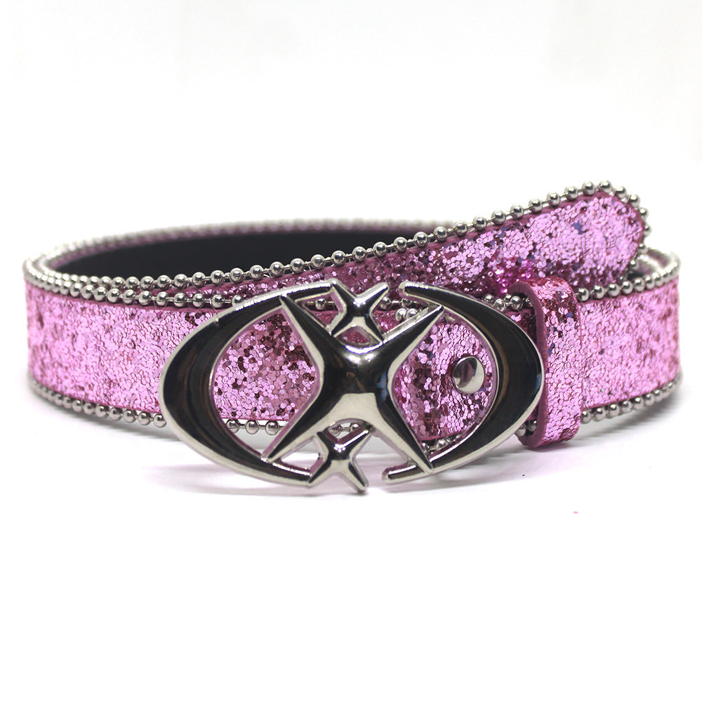 Double Star Sequin Accent PU Leather Belt with Alloy Buckle