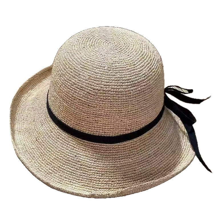 Handwoven Raffia Straw Wide-Brim Hat with Bow Detail