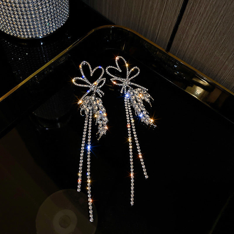 Diamond-Set Flower Drop Tassel Earrings with Silver Needle