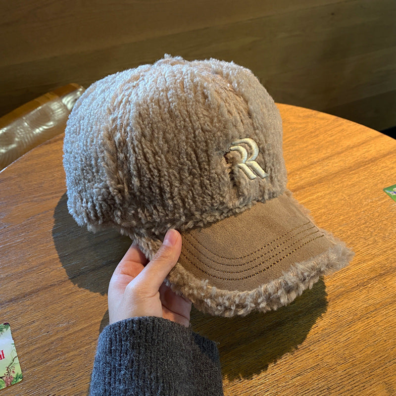 Lambswool Embroidered Winter Baseball Cap with Curved Brim