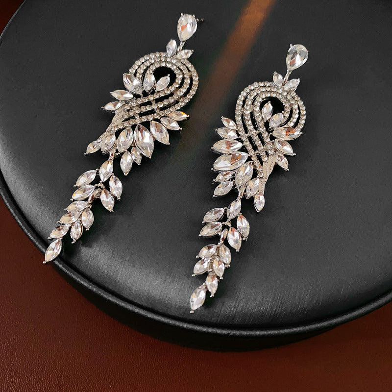 Diamond-Set Flower Drop Tassel Earrings with Silver Needle