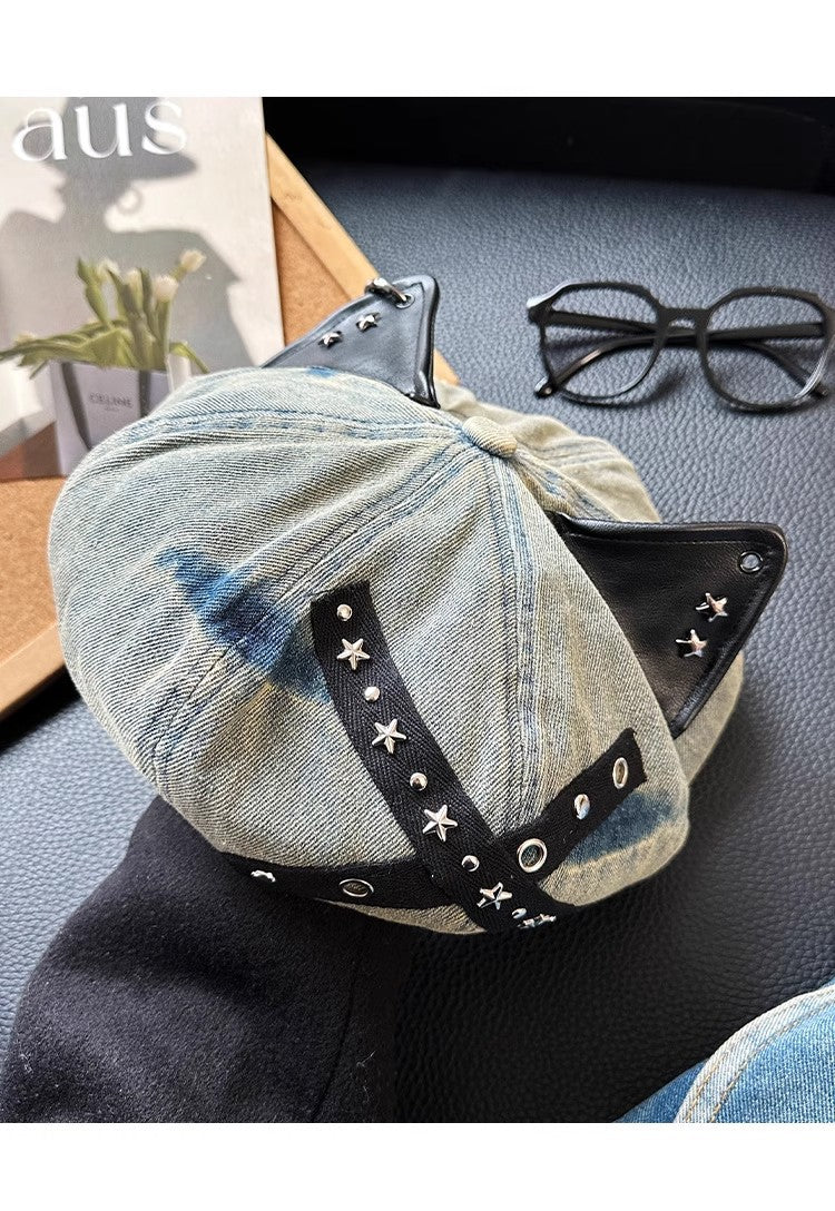 Y2K Retro Washed Denim Baseball Cap with Cat Ear Detail