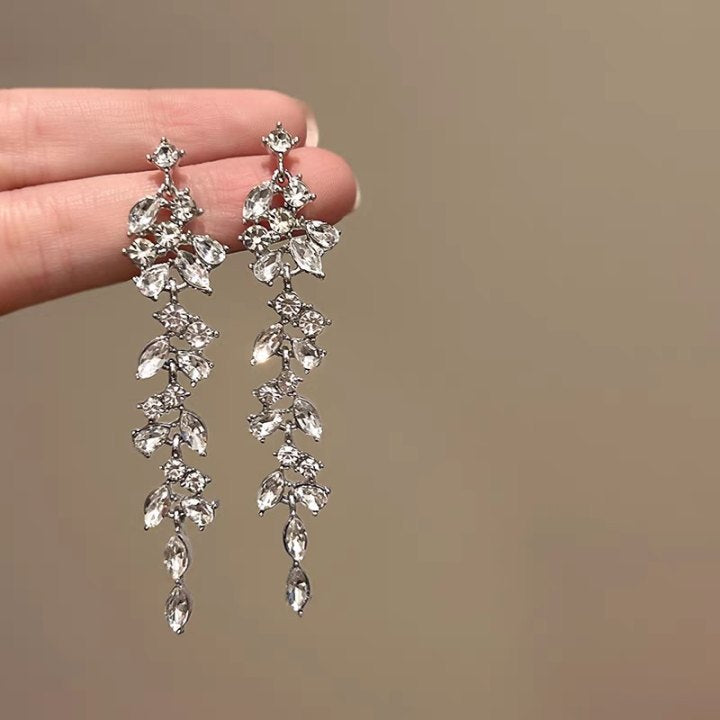 Diamond-Set Flower Drop Tassel Earrings with Silver Needle