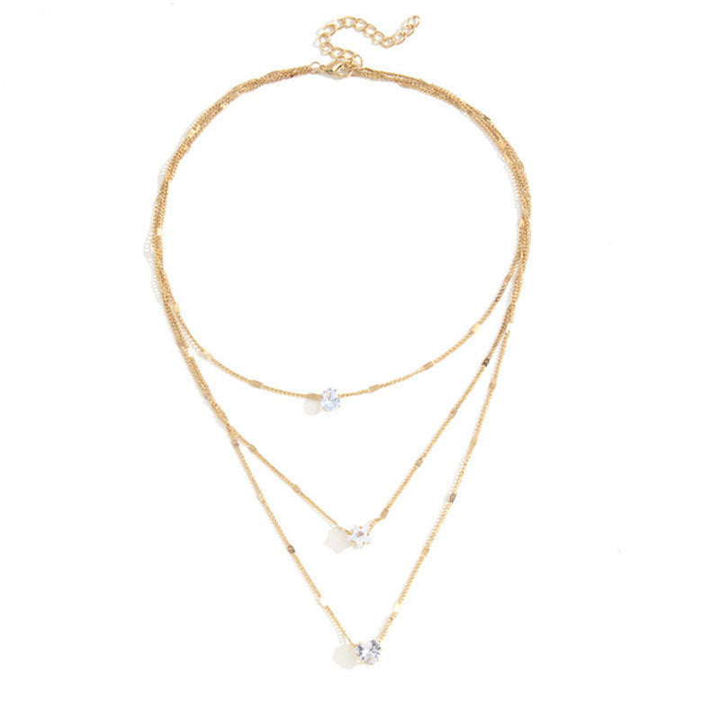 Triple-Layer Pendant Necklace with Zircon Accents and Extension Chain