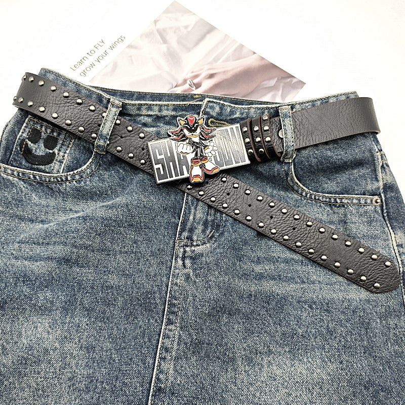 Sonic Motif Patent Leather Belt with Rivet Buckle Design
