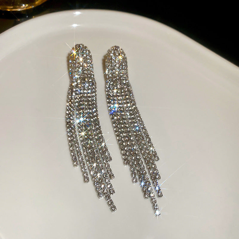 Diamond-Set Flower Drop Tassel Earrings with Silver Needle